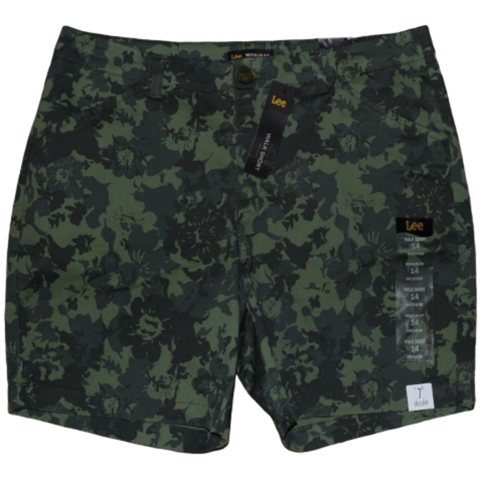 Lee Green Floral Camo Chino Shorts Mid Rise Stretch Summer Size 14 - Picture 7 of 10